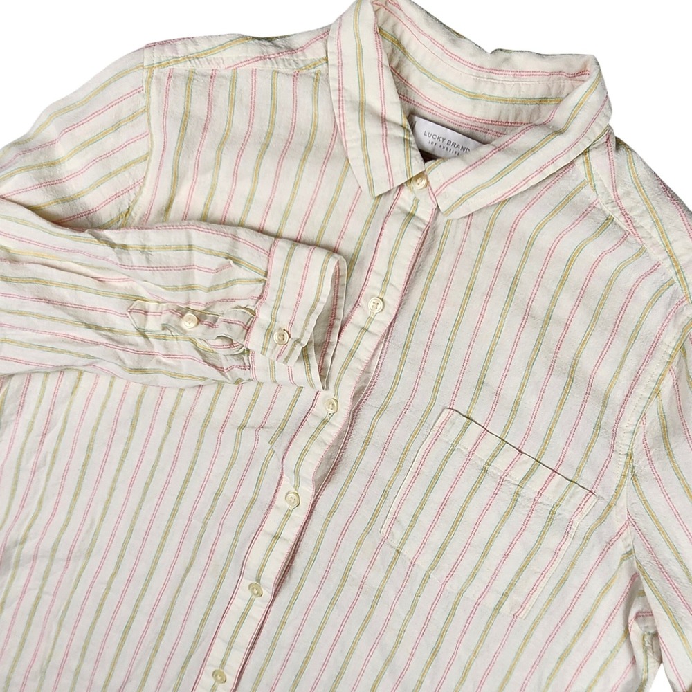 Lucky Brand Womens Large Linen Blend Long Sleeve Button Up Shirt‎ Cream Striped
